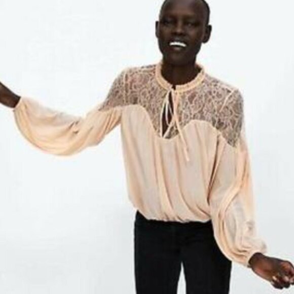 Zara Balloon Sleeve Blouse Lace Yoke - Picture 1 of 11